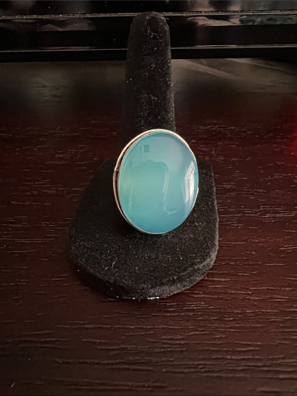 Blue Oval Aqua Chalcedony Ring in Silver 925 Setting size 8